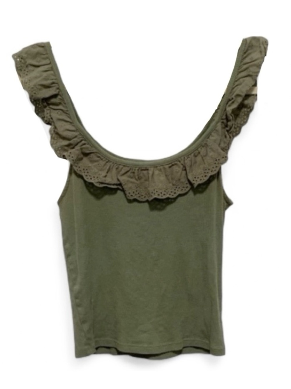 AEO 🦅 Eyelit Ruffle Ribbed Tank Top - Olive Green